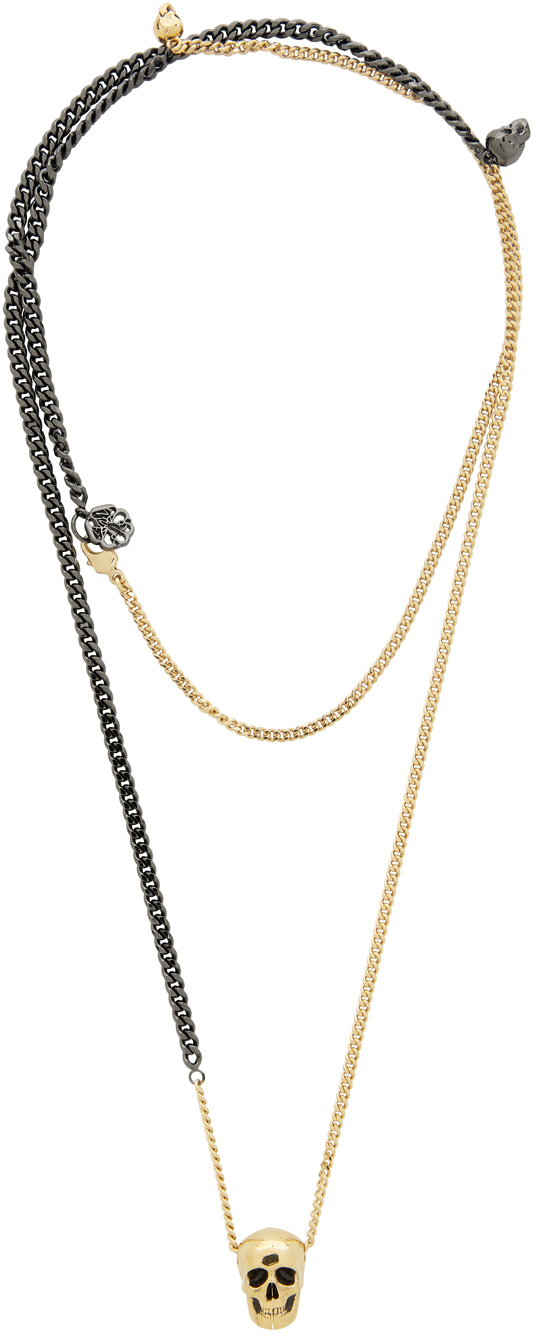 Alexander McQueen Gold & Gunmetal BiColor Skull Necklace SSENSE