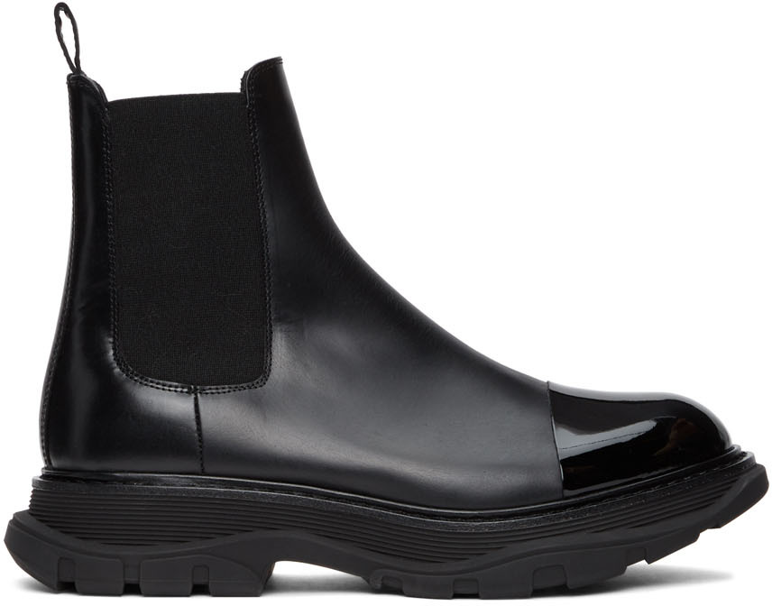 Black Shiny Toe Chelsea Boots by Alexander McQueen on Sale