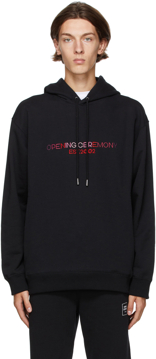 Opening Ceremony: Black Embroidered Logo Hoodie | SSENSE