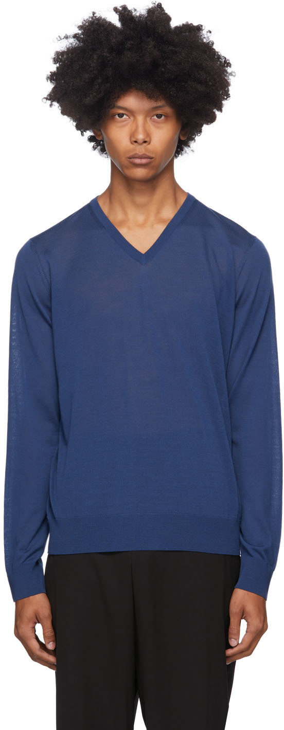 Giorgio Armani: Blue Wool Sweater | SSENSE Canada