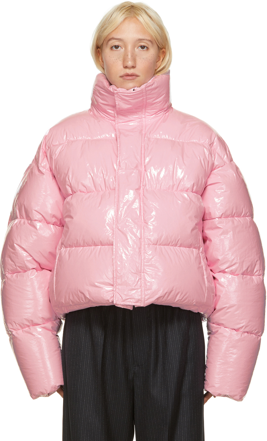 Balenciaga: Pink Shiny Cropped Puffer Jacket | SSENSE Canada