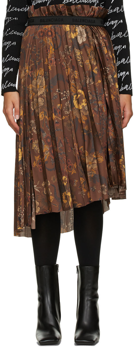 Balenciaga Brown Floral Pleated Skirt