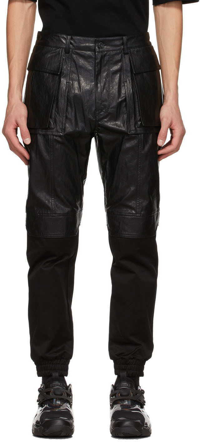 black faux leather cargo trousers