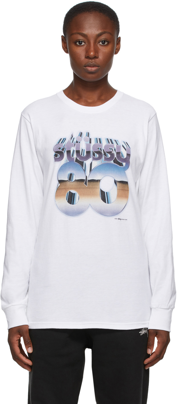 Stüssy: White '80' Chrome Long Sleeve T-Shirt | SSENSE Canada