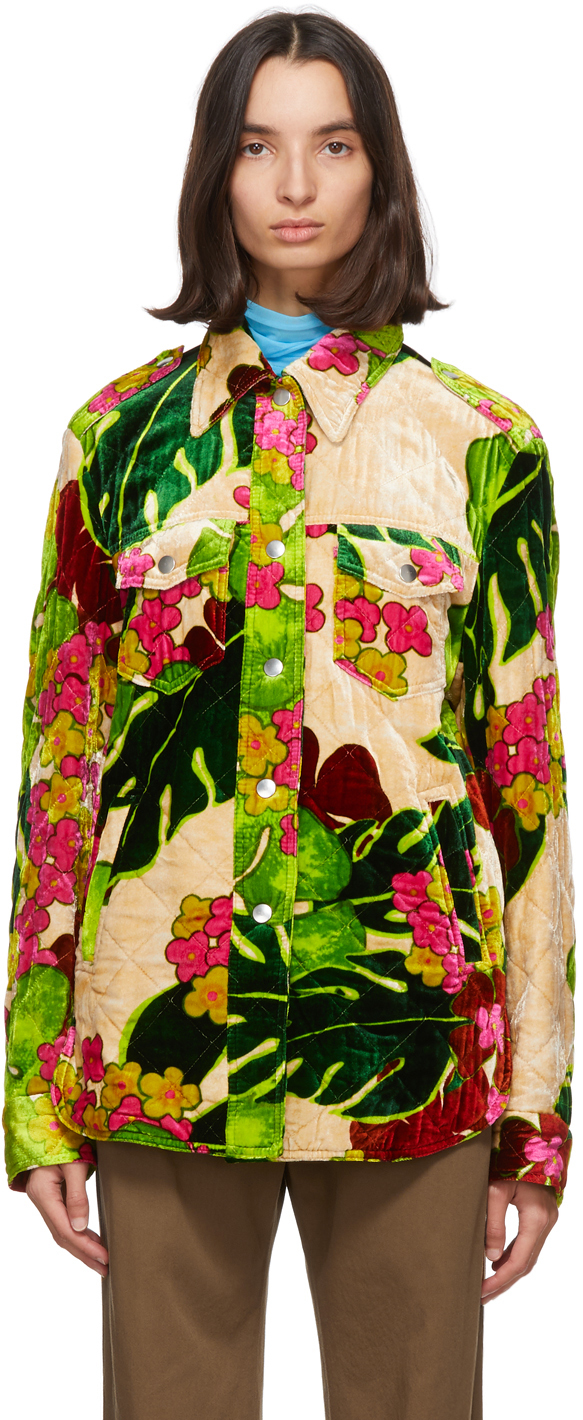 Dries Van Noten: Green Floral Quilted Jacket | SSENSE