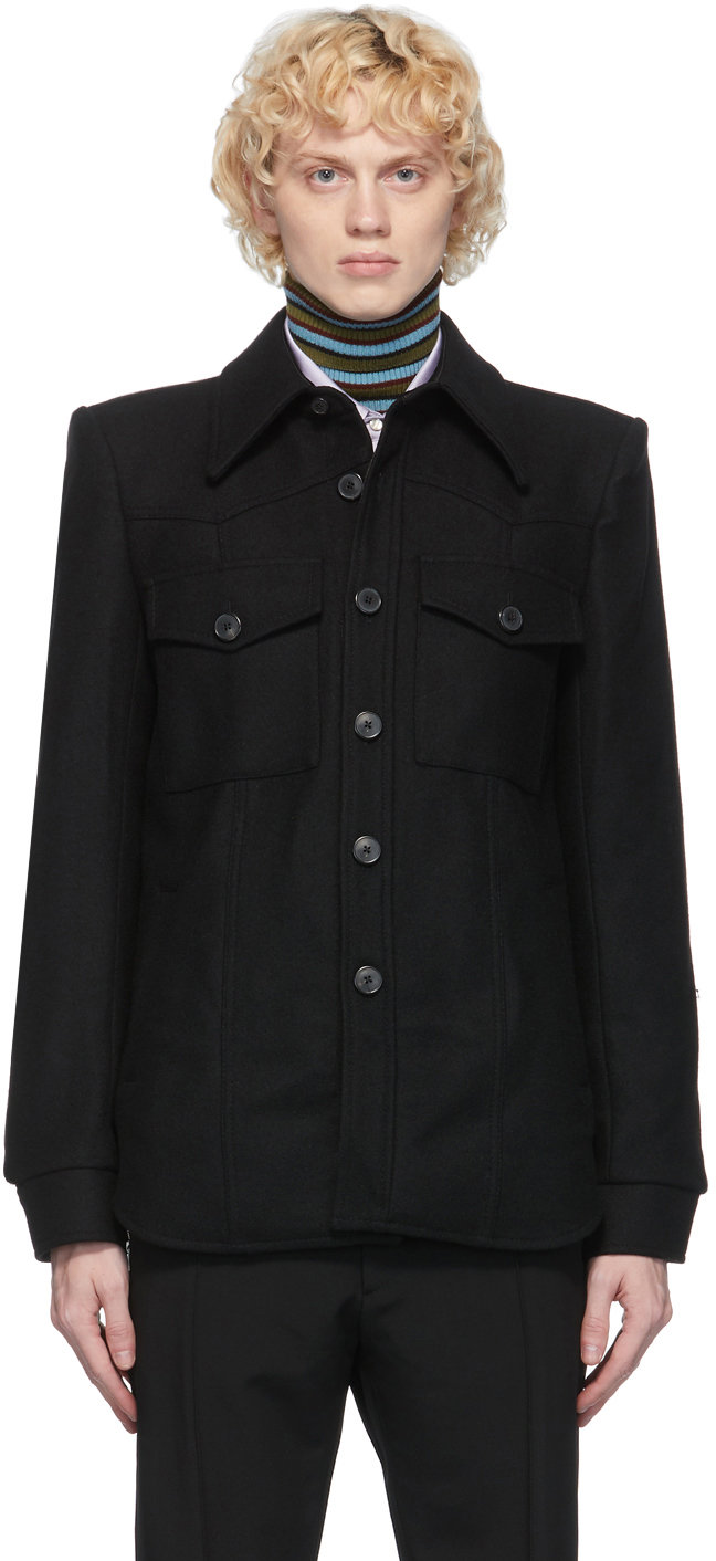 Black Wool Shirt Jacket by Dries Van Noten on Sale