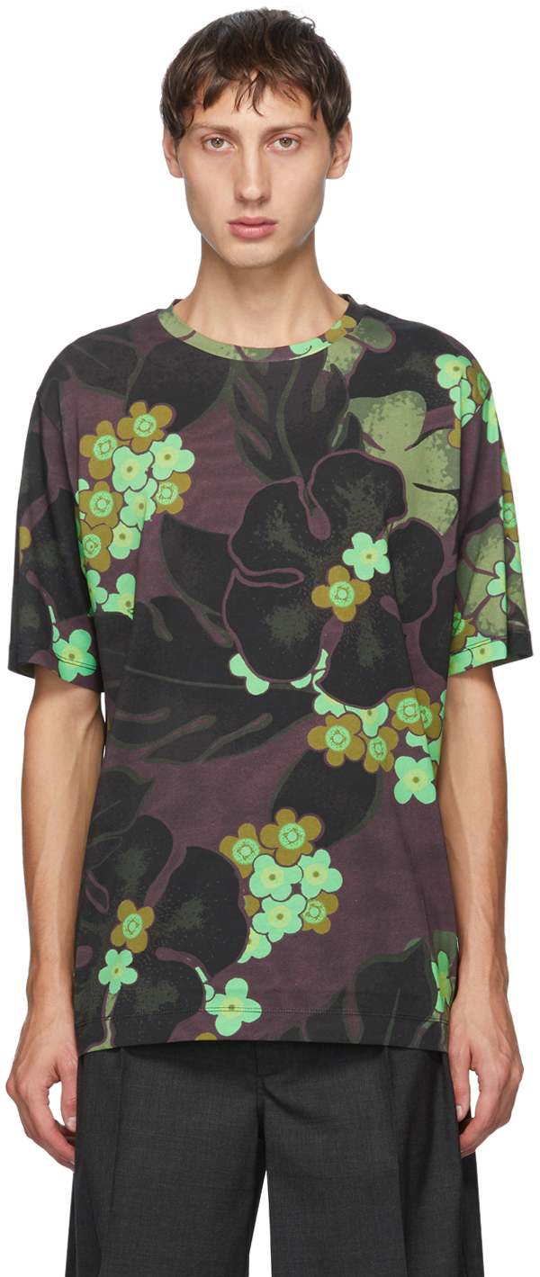 Dries Van Noten: Green & Purple Flower Round Neck T-Shirt | SSENSE