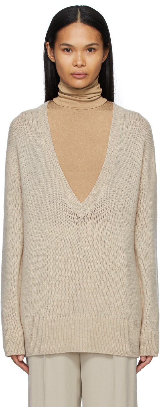 The Row Taupe Cashmere Baudelia V-Neck Sweater