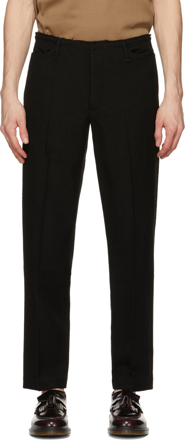 Tanaka: Black Wool Unfinished Dad Trousers | SSENSE Canada