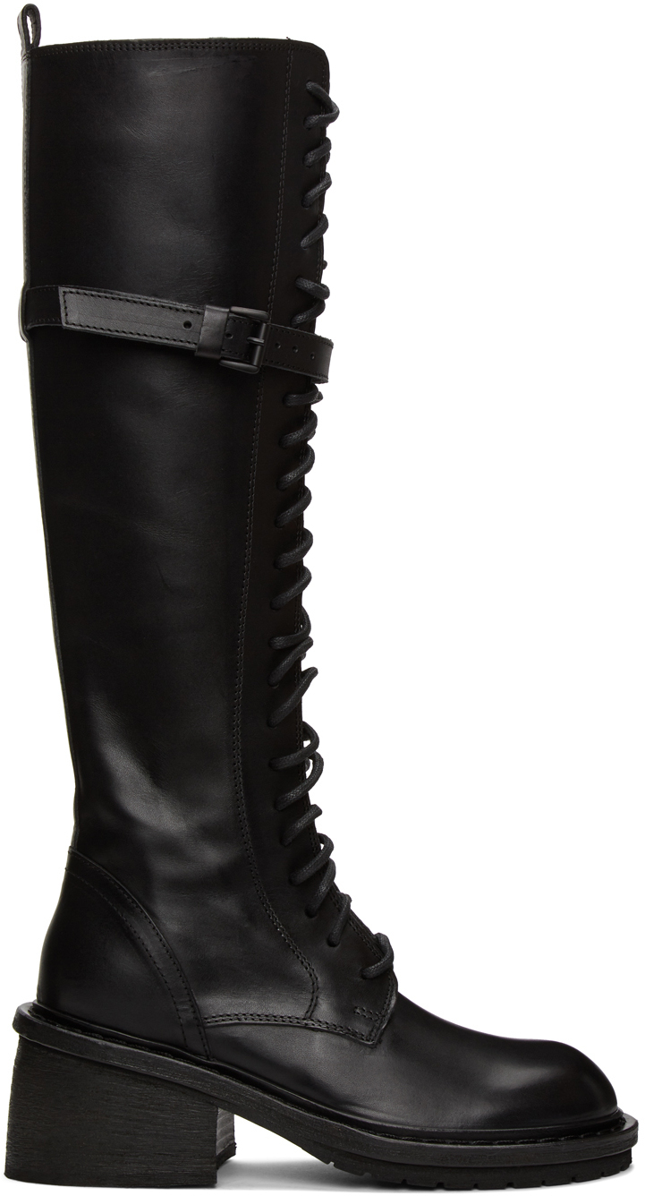 Ann Demeulemeester: Black Leather Heel Lace-Up Boots | SSENSE Canada