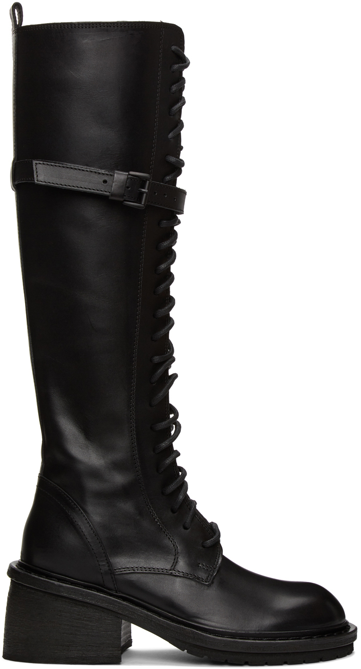 Black Leather Heel Lace-Up Boots