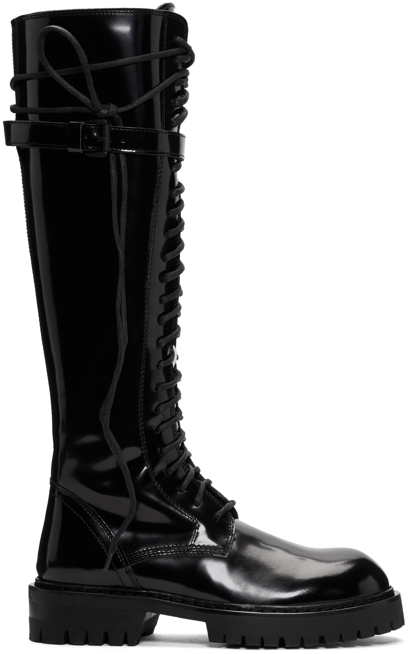 black lace up patent boots