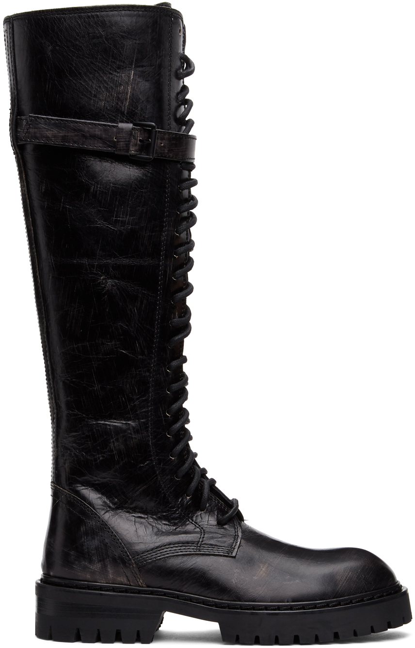 Ann Demeulemeester SSENSE Exclusive Black Foil Scrub Lace-Up Boots
