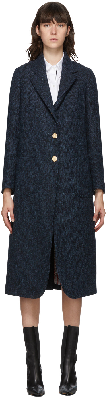 Thom Browne: Navy Wool Elongated Sack Coat | SSENSE