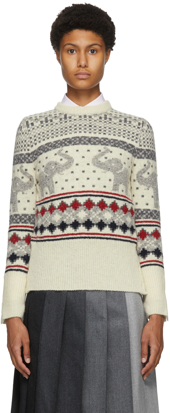 White Wool Mohair Elephant Icon Fair Isle Sweater By Thom Browne On Sale