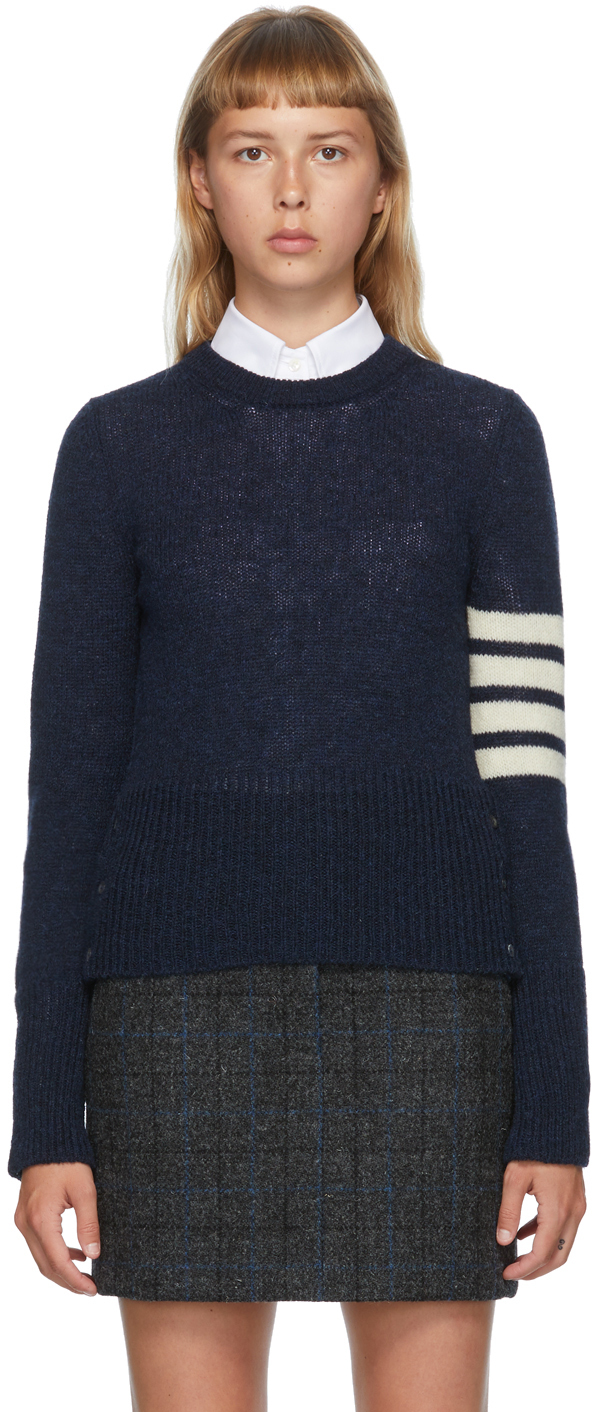 Thom Browne: Navy Shetland Wool 4-Bar Sweater | SSENSE