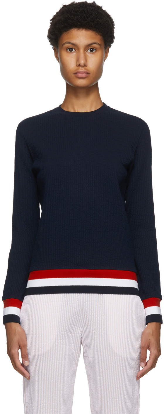 Thom Browne: Navy Seersucker Tricolor Trim Sweatshirt | SSENSE