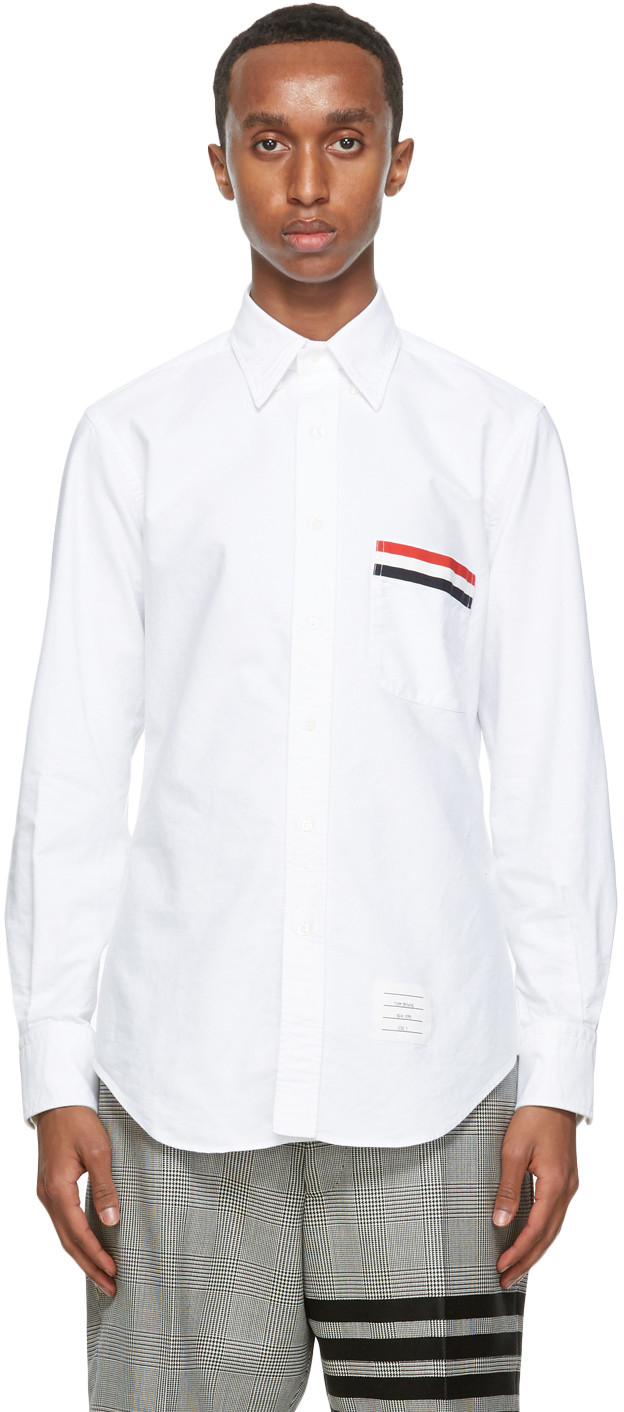 Thom Browne: White Oxford Grosgrain Pocket Shirt` | SSENSE