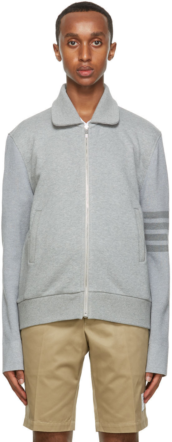 Thom Browne: Grey French Terry 4-Bar Bomber Jacket | SSENSE