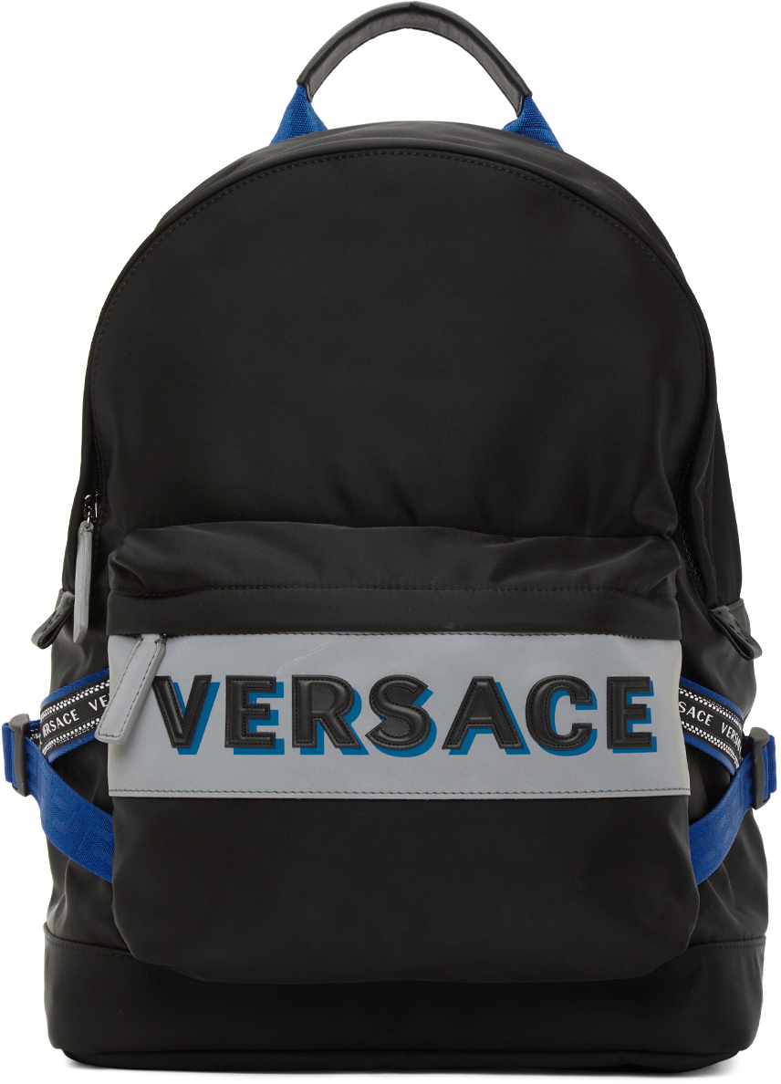 blue and black versace backpack