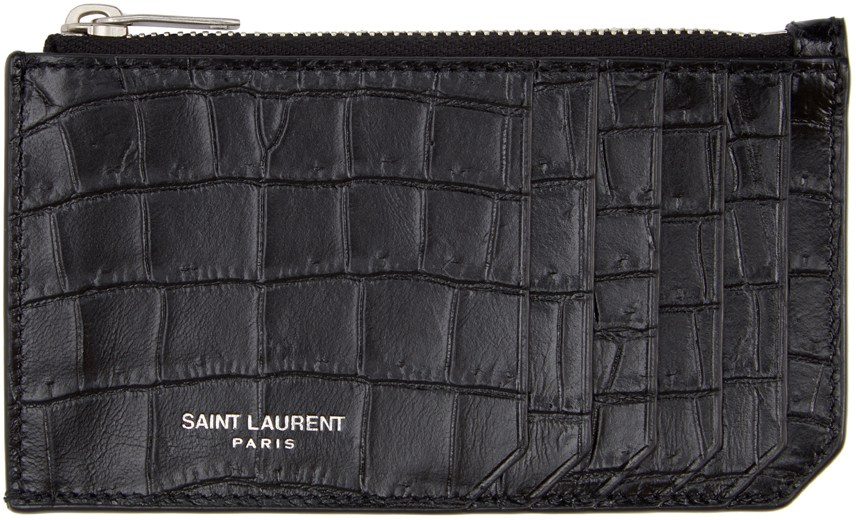 Saint Laurent ブラック & シルバー クロコ フラグメント カード ケース