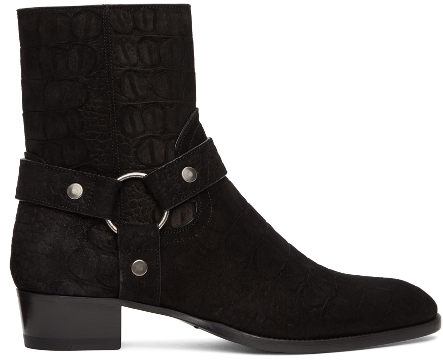 Saint Laurent: Black Croc Wyatt Harness Boots | SSENSE Canada