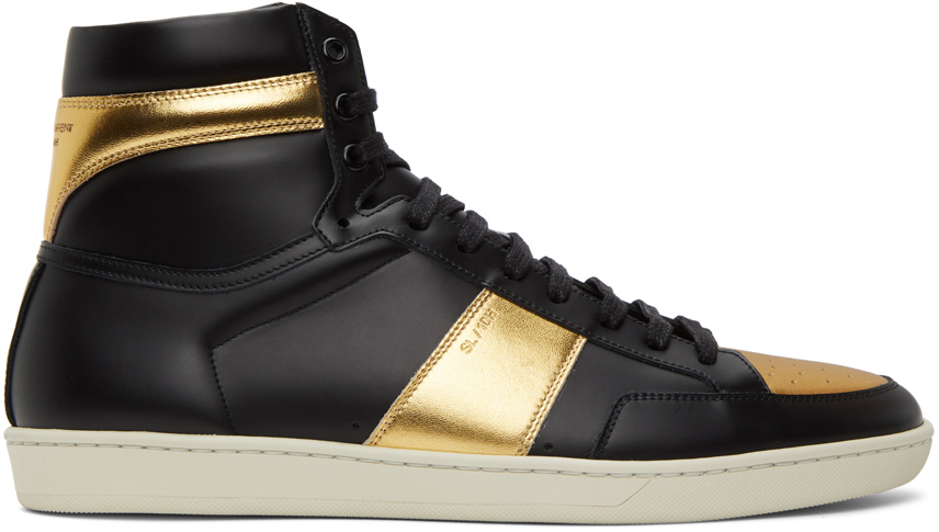 black and gold high top sneakers