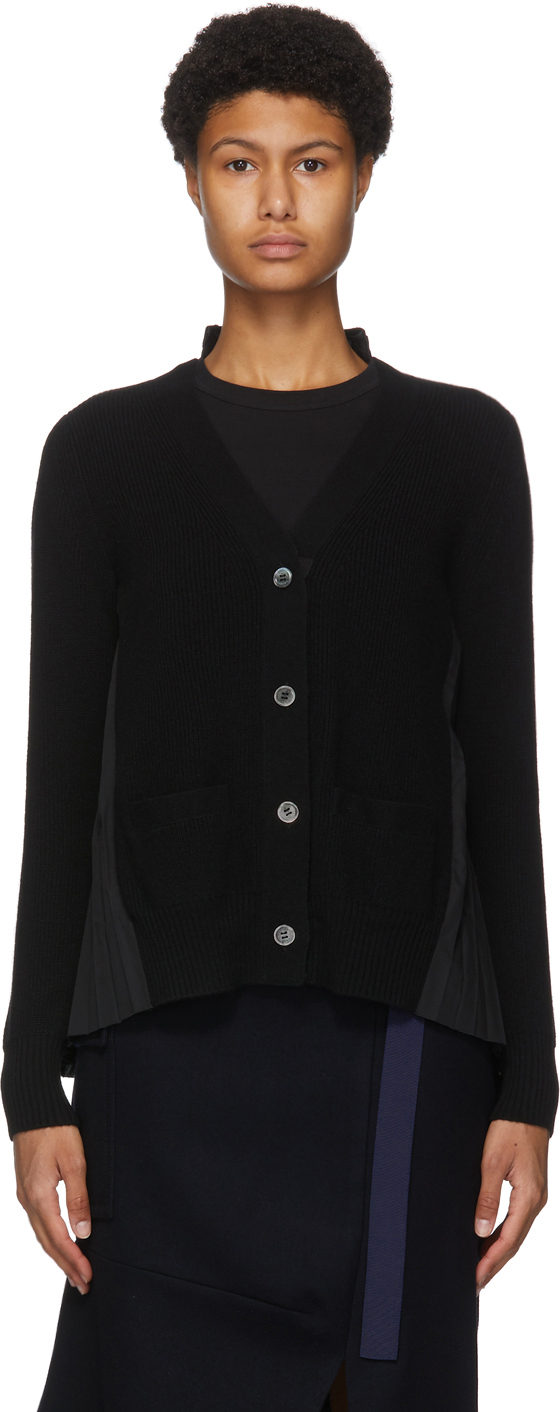 sacai: Black Wool Pleated Back Cardigan | SSENSE