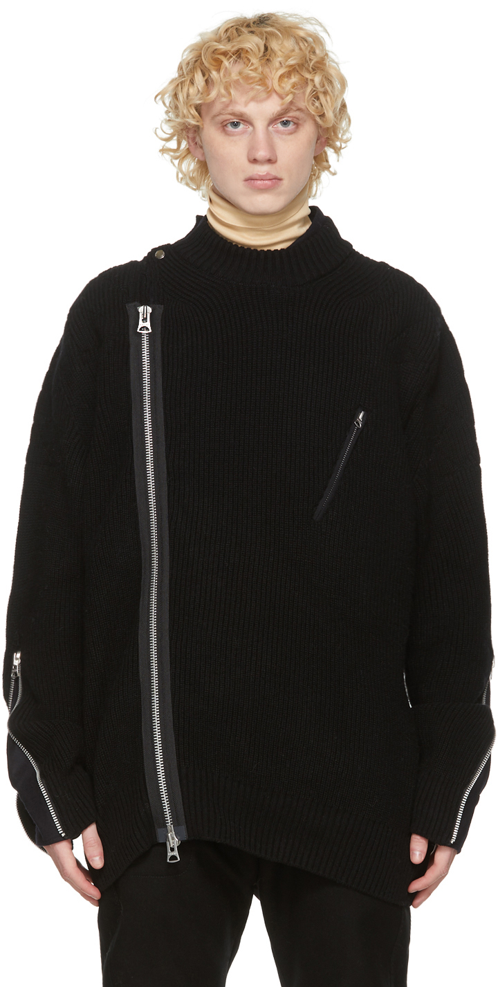 sacai: Black Wool Rib Knit Sweater | SSENSE