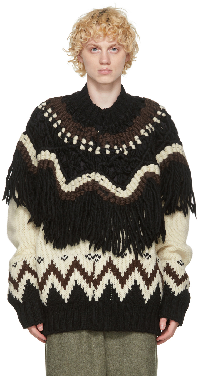 sacai: Beige & Black Nordic Knit Zip-Up Sweater | SSENSE Canada