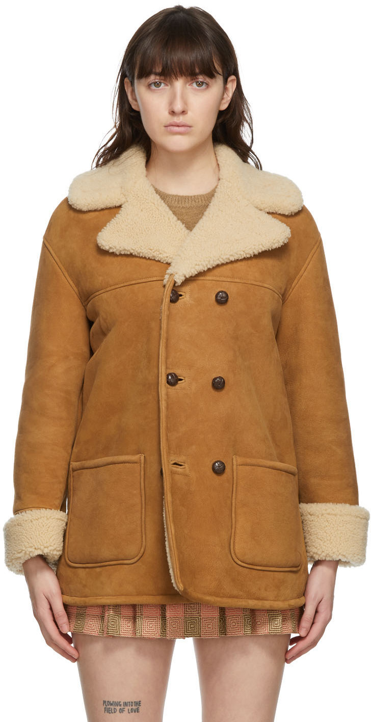 Gucci Tan Beige Curly Shearling Double Breasted Coat 202451F062893