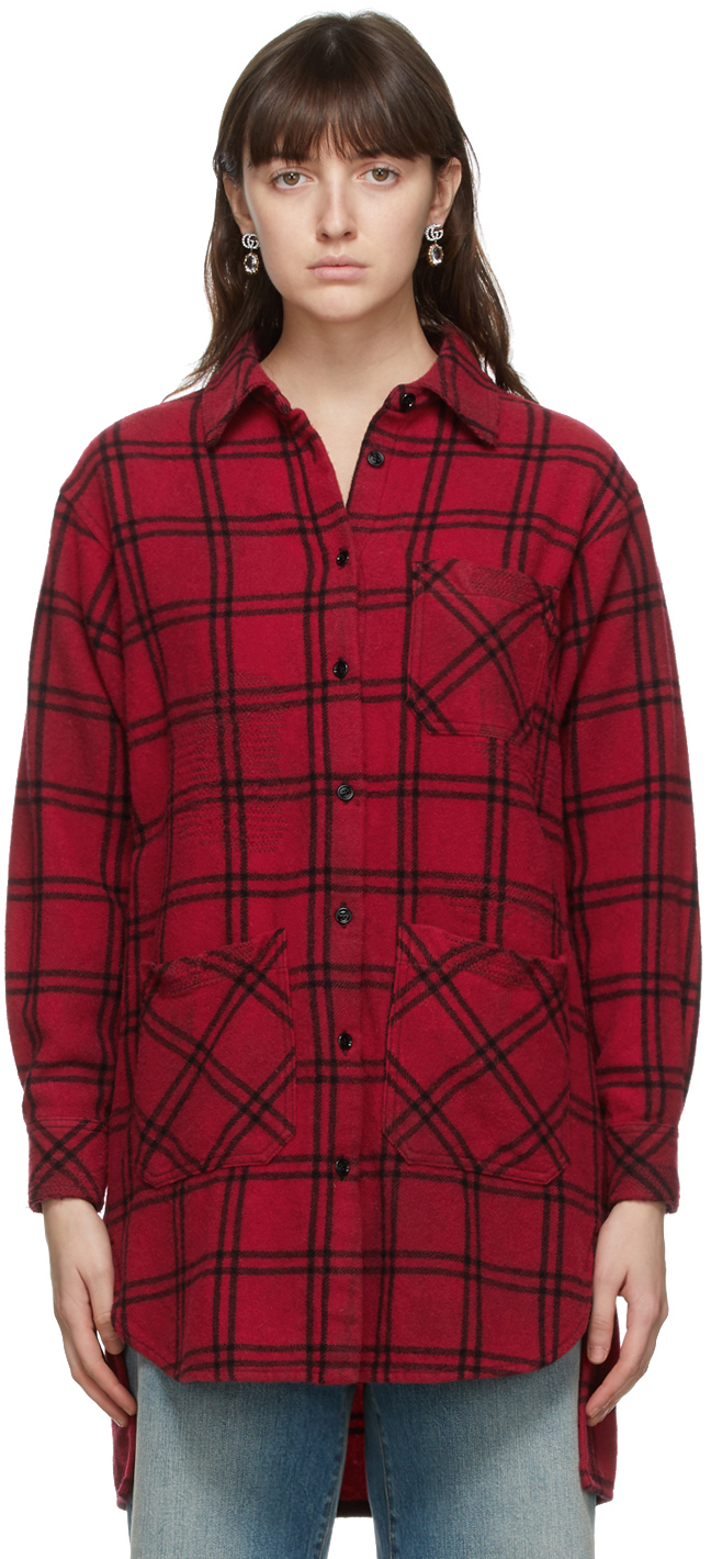 Gucci: Red Wool Check Oversize Shirt Dress | SSENSE