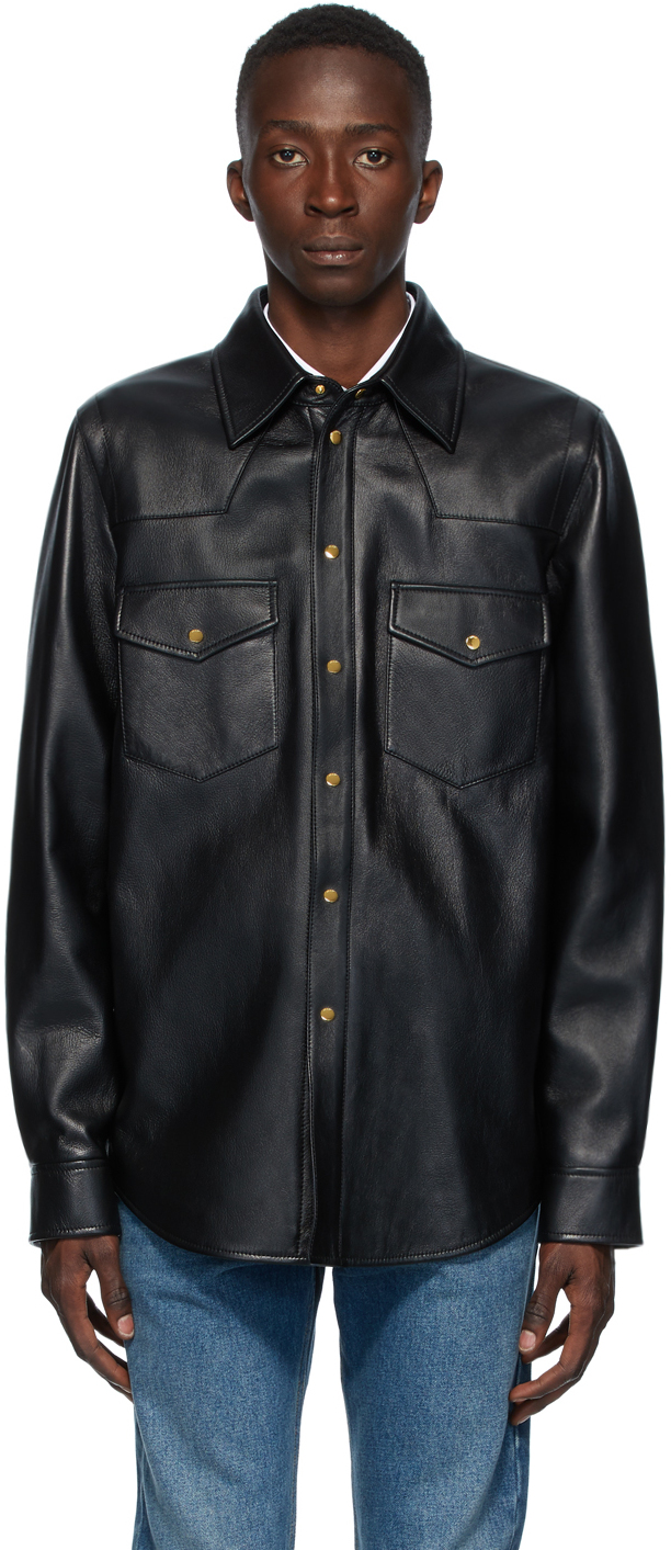 Black Leather Logo Shirt Jacket