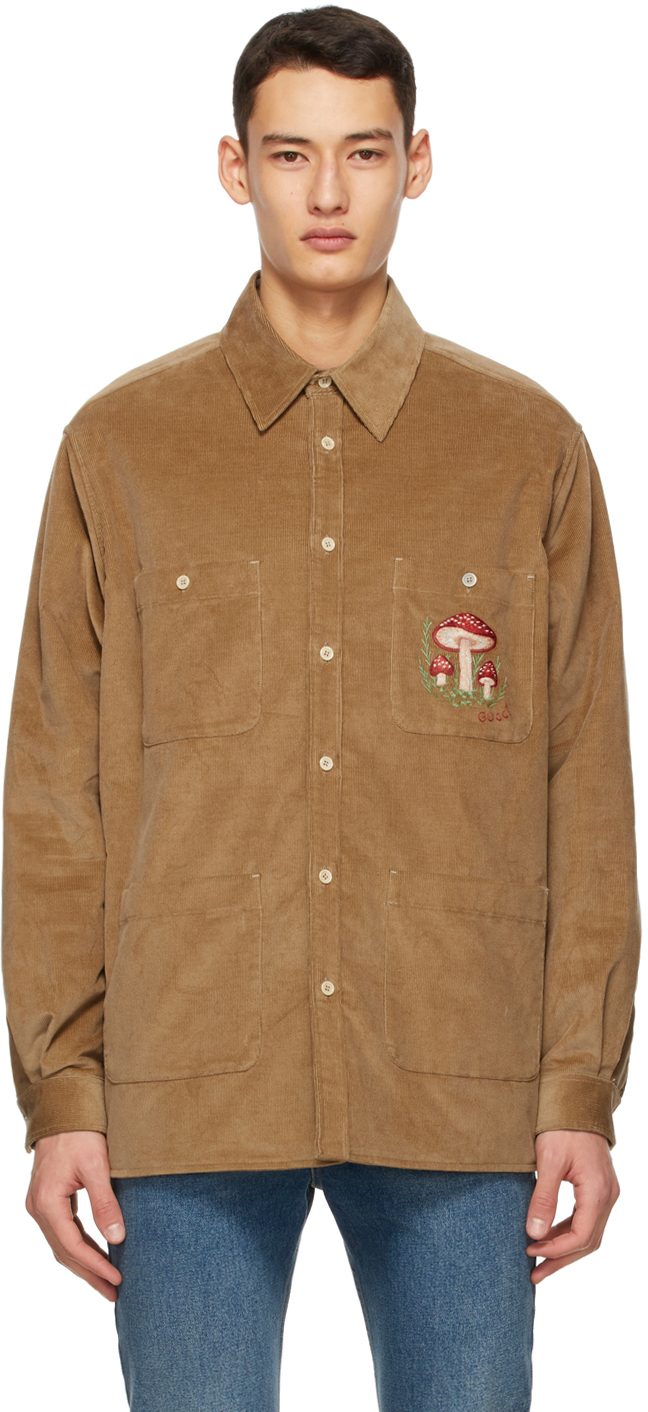 Gucci: Brown Corduroy Mushrooms Shirt | SSENSE