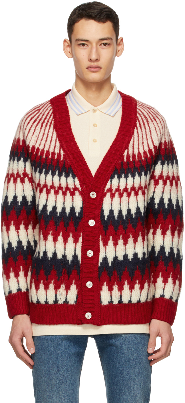 Gucci: Red Wool Jacquard Zigzag Cardigan | SSENSE