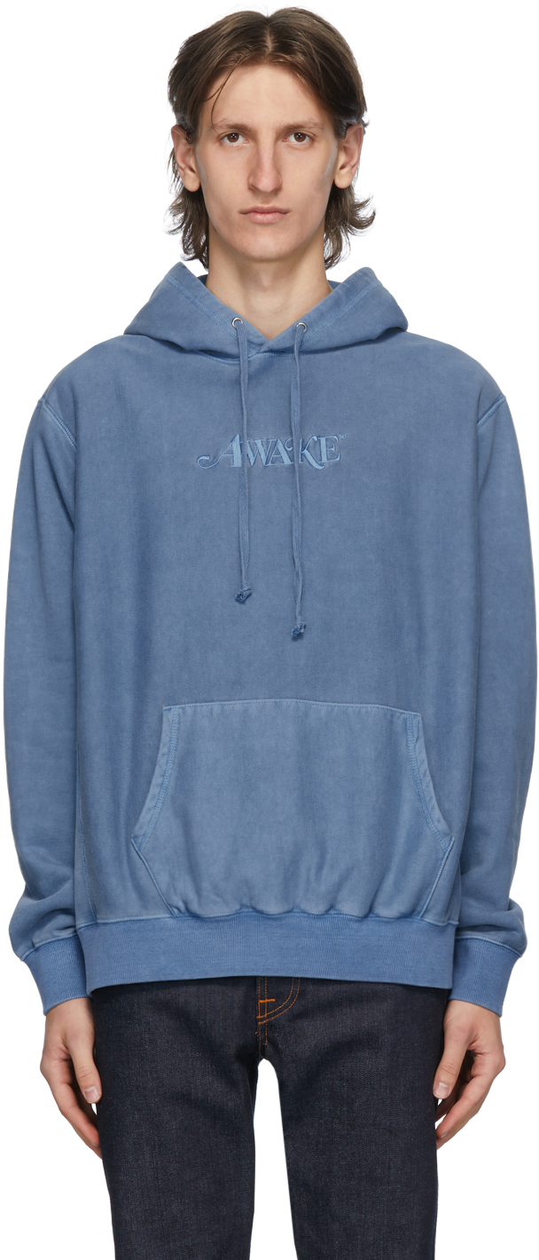 Awake NY: Blue Embroidered Logo Hoodie | SSENSE