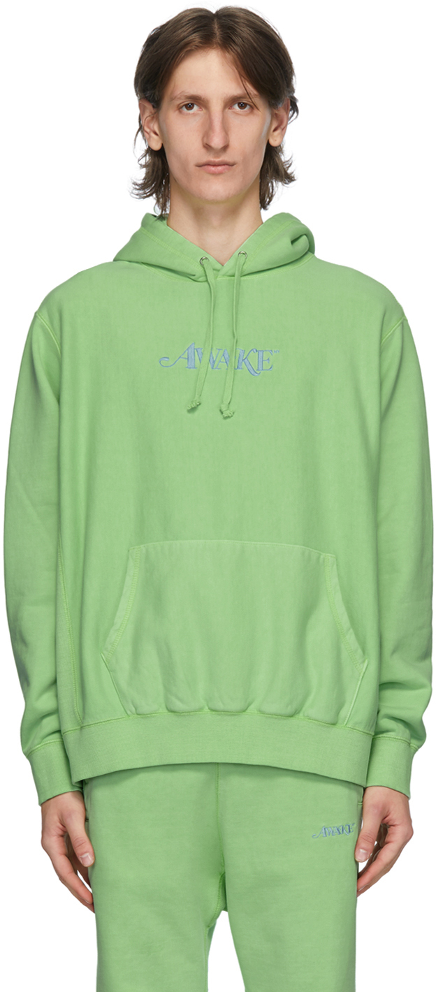 Awake NY: Green Embroidered Logo Hoodie | SSENSE UK