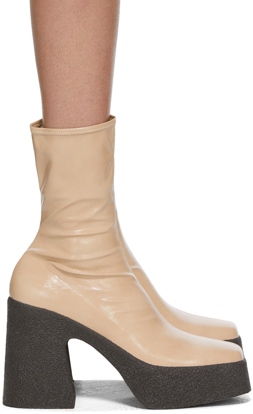 Beige Patent Block Heel Boots 