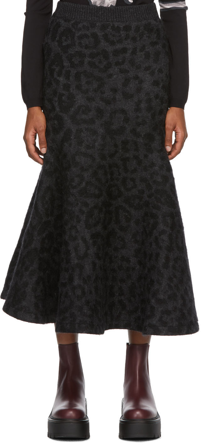 Valentino Black Grey Mohair Leopard Skirt 202476F092019
