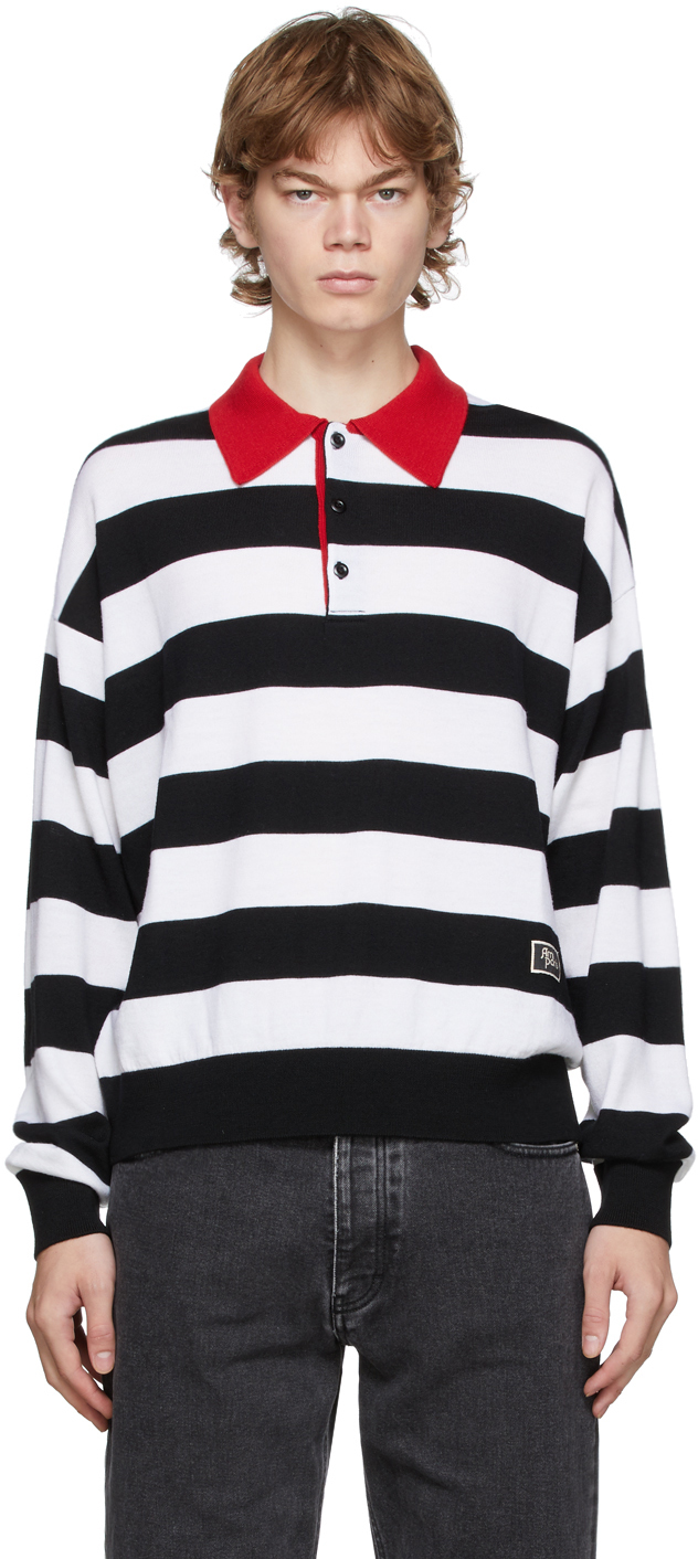 AMI Alexandre Mattiussi: Black & White Striped Rugby Polo | SSENSE