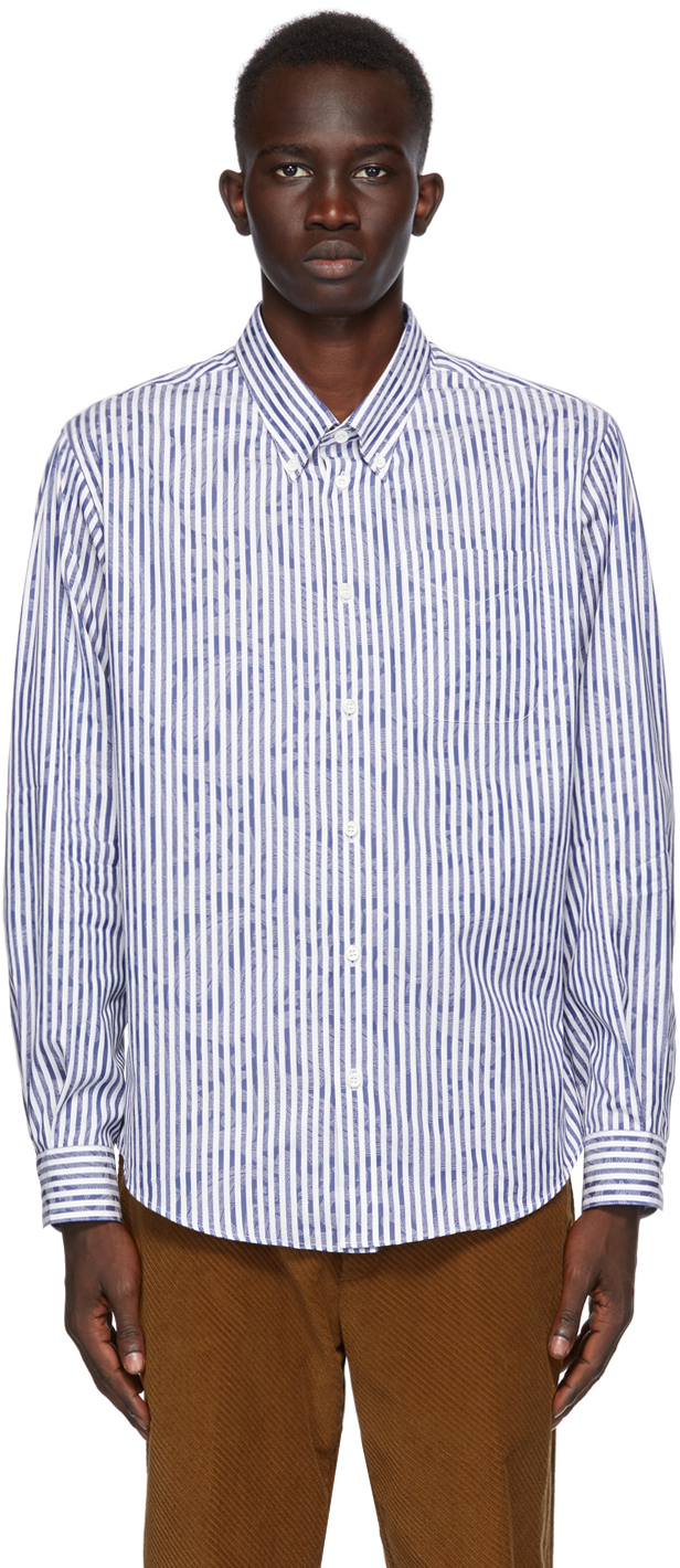 White & Navy Candy Striped Paisley BD Shirt by 4SDESIGNS on Sale