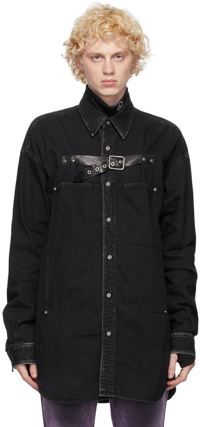 Black Front Side Belted Denim Shirt