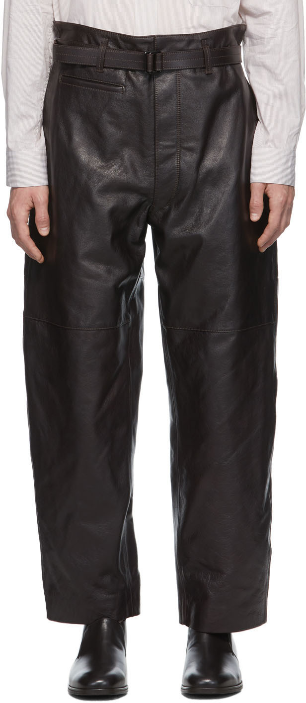 LEMAIRE: Brown Leather Military Trousers | SSENSE UK