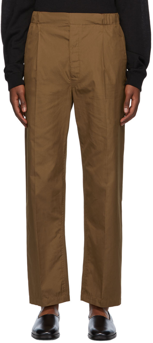 LEMAIRE: Brown Pleated Drawstring Trousers | SSENSE