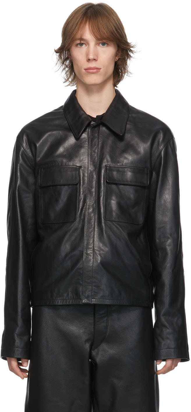 LEMAIRE: Black Leather Large Collar Jacket | SSENSE Canada