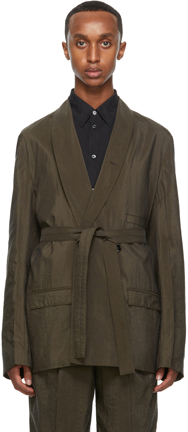 LEMAIRE: Brown Silk Double-Breasted Belted Blazer | SSENSE