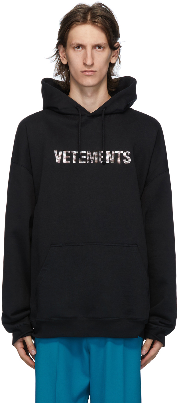 VETEMENTS: Black Logo Rhinestone Hoodie | SSENSE