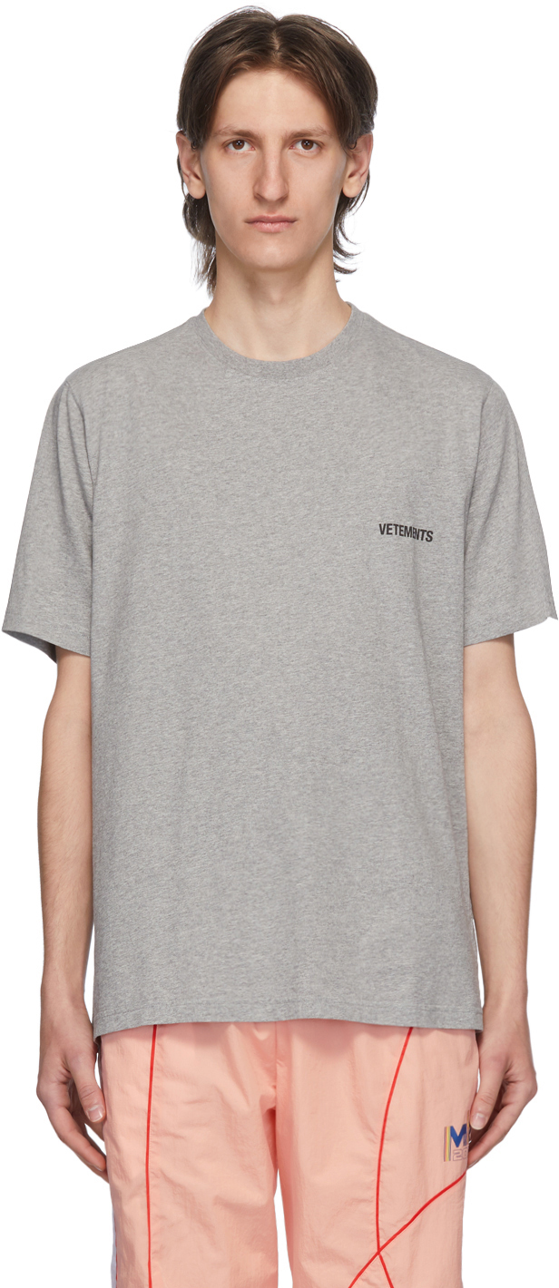 VETEMENTS: Grey Logo Front Back T-Shirt | SSENSE