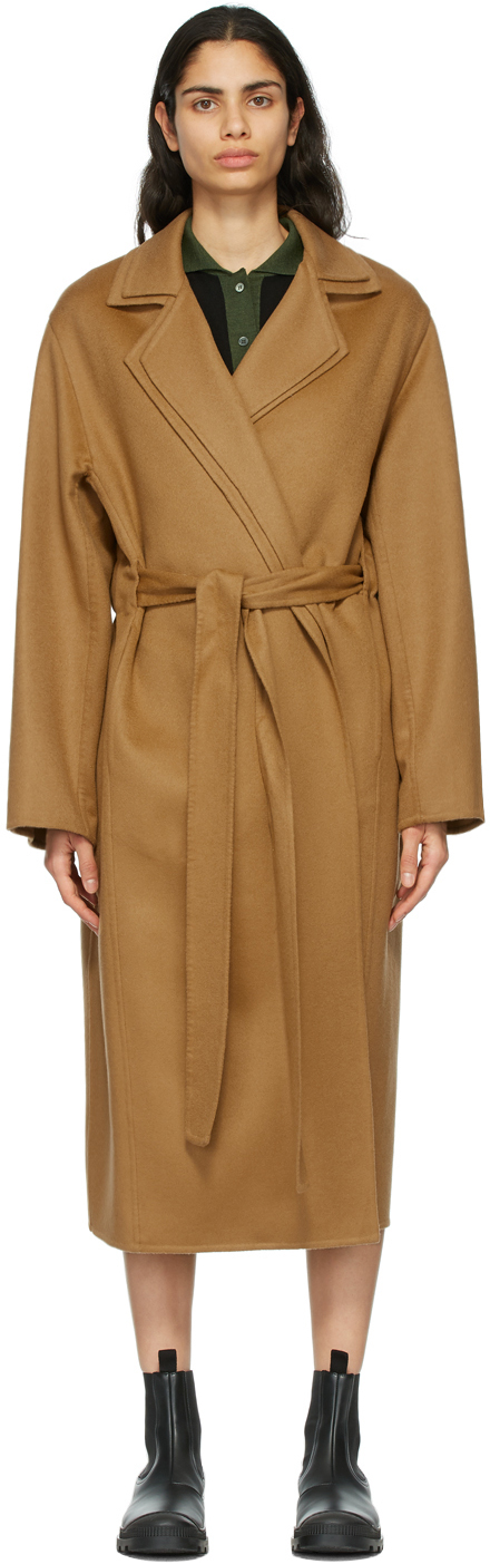 Loewe: Tan Wool & Cashmere Double Layer Belted Coat | SSENSE Canada