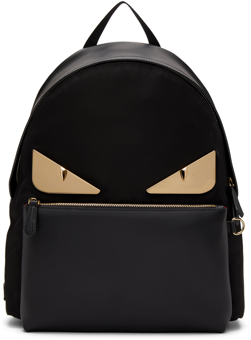 Fendi: Black Leather Bag Bugs Backpack 